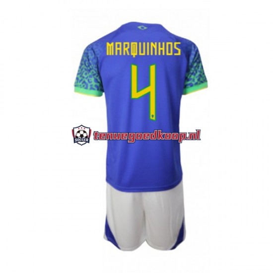 Uit Tenue van Brazilië Marquinhos 4 Kind 2-13 jaar WK 2022 Korte Mouw